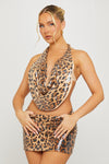 Leopard Print Sequin Halter Top & Mini Skirt Co-Ord