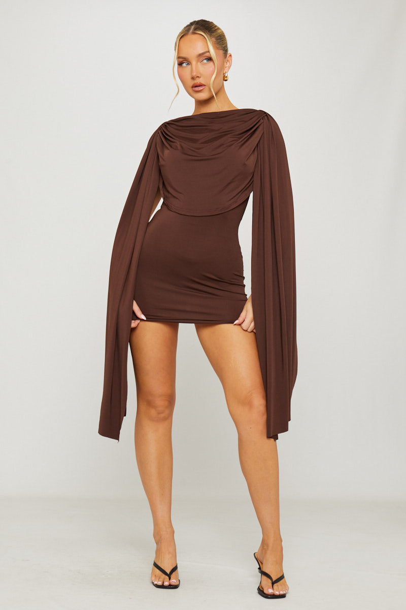 Brown Shoulder Draped Bodycon Mini Dress