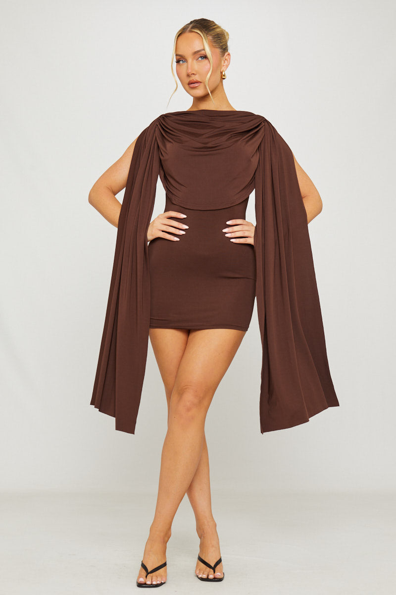 Brown Shoulder Draped Bodycon Mini Dress