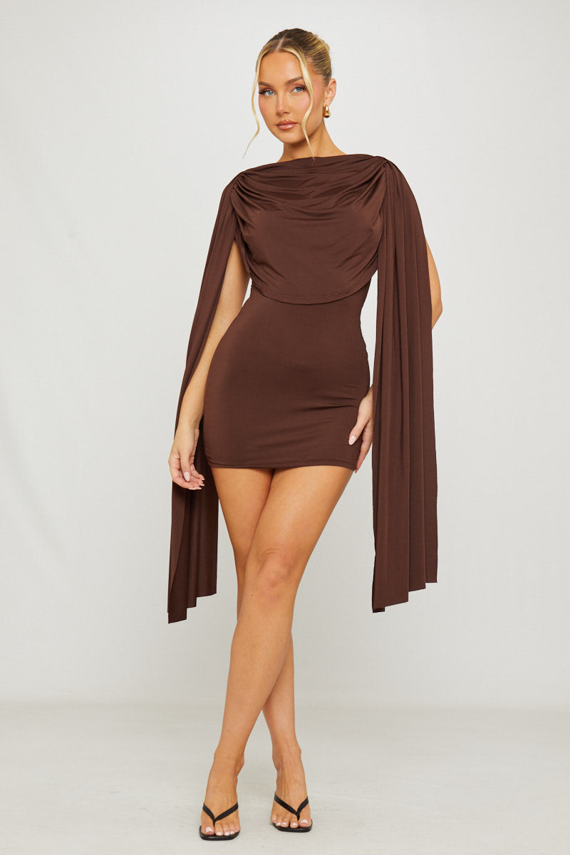 Brown Shoulder Draped Bodycon Mini Dress