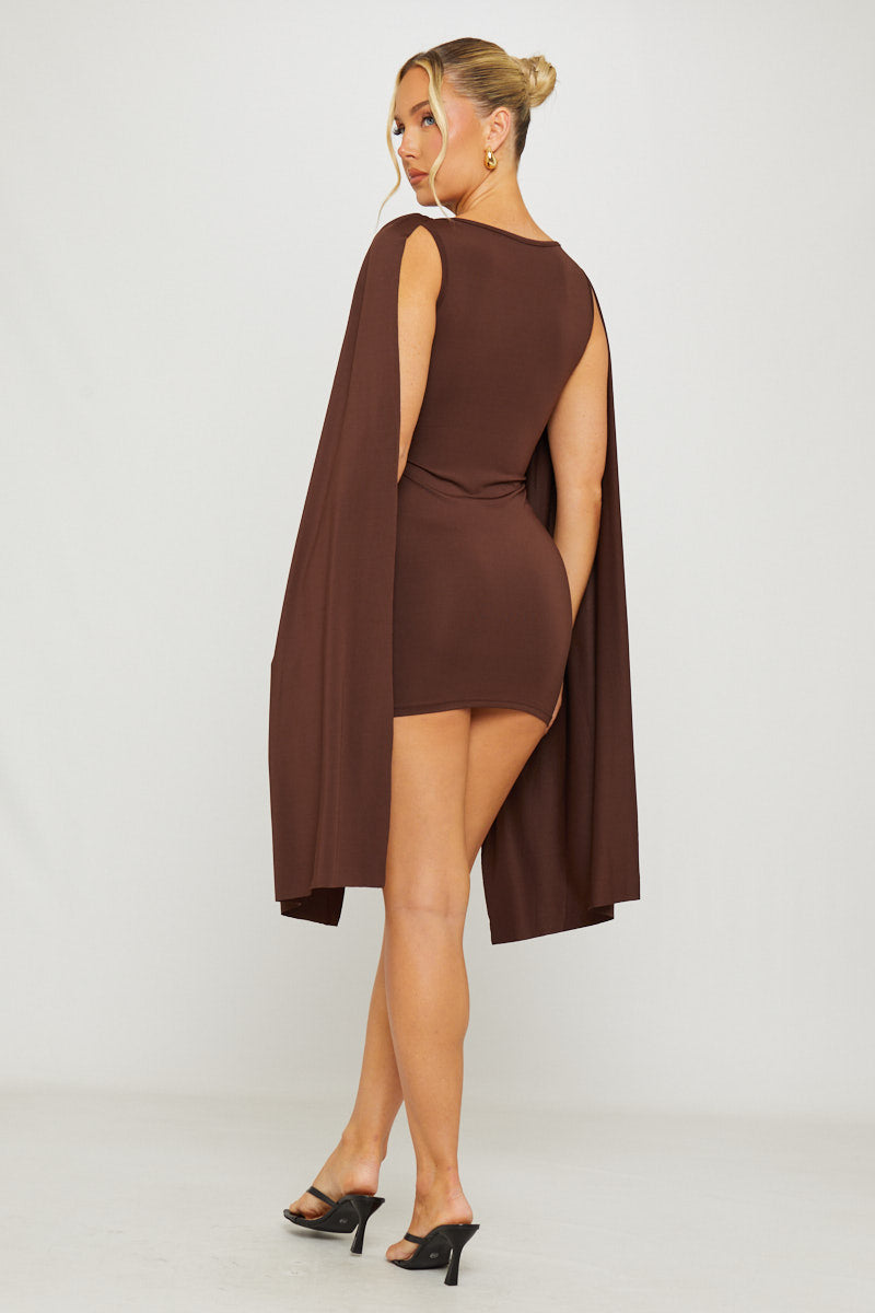 Brown Shoulder Draped Bodycon Mini Dress