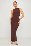 Brown Ribbed Asymmetric Top & Maxi Skirt Co-Ord