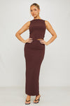 Brown Ribbed Asymmetric Top & Maxi Skirt Co-Ord