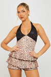 Leopard Print Lace Ruffle Detail Halter Mini Dress