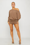 Brown Off Shoulder Ruched Batwing Mini Dress