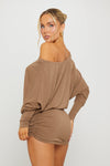 Brown Off Shoulder Ruched Batwing Mini Dress