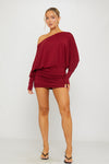 Burgundy Off Shoulder Ruched Batwing Mini Dress