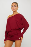 Burgundy Off Shoulder Ruched Batwing Mini Dress