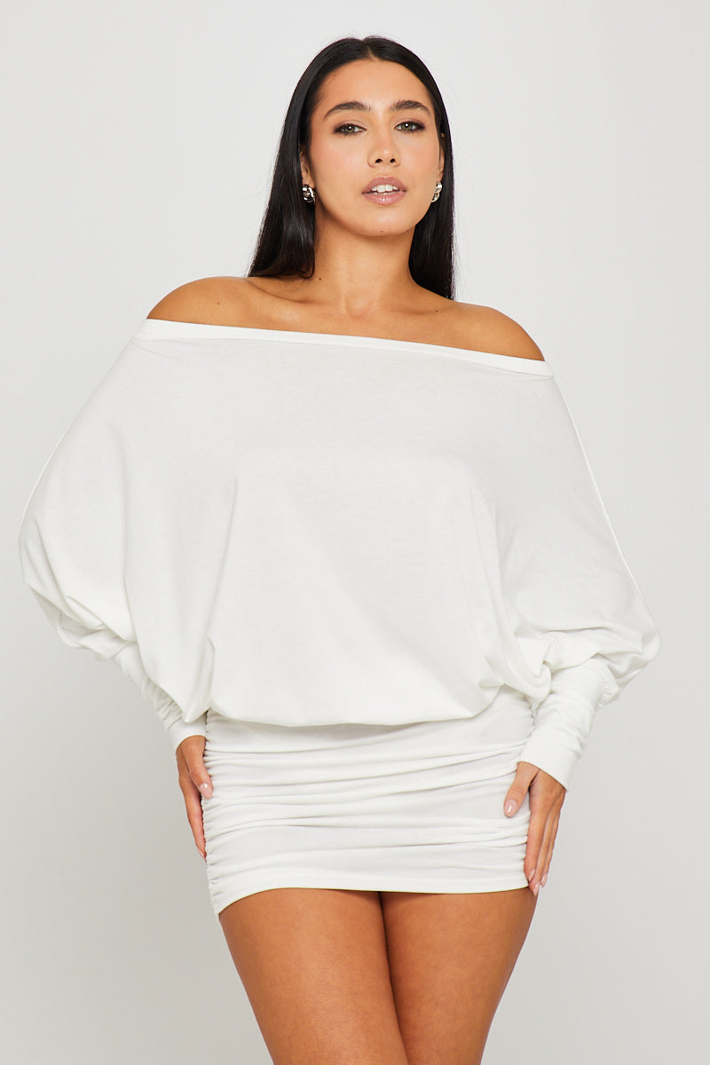 White Off Shoulder Ruched Batwing Mini Dress