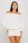 White Off Shoulder Ruched Batwing Mini Dress