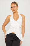 White Halter Asymmetric Plunge Buckle Detail Top
