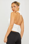 White Halter Asymmetric Plunge Buckle Detail Top