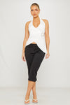 White Halter Asymmetric Plunge Buckle Detail Top
