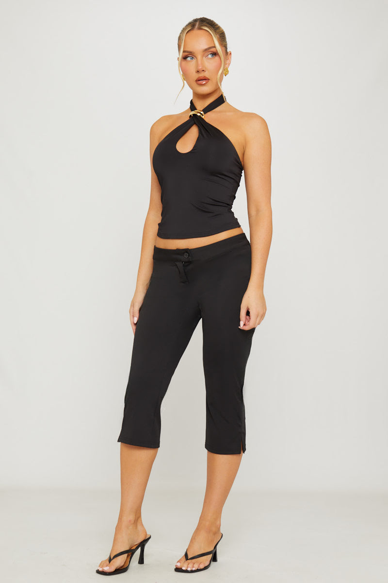 Black Low Rise Button Up Capri Pants