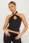 Black Halterneck Cross Over Detail Crop Top