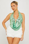 Green Sequin Halter Plunge Backless Top