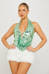 Green Sequin Halter Plunge Backless Top