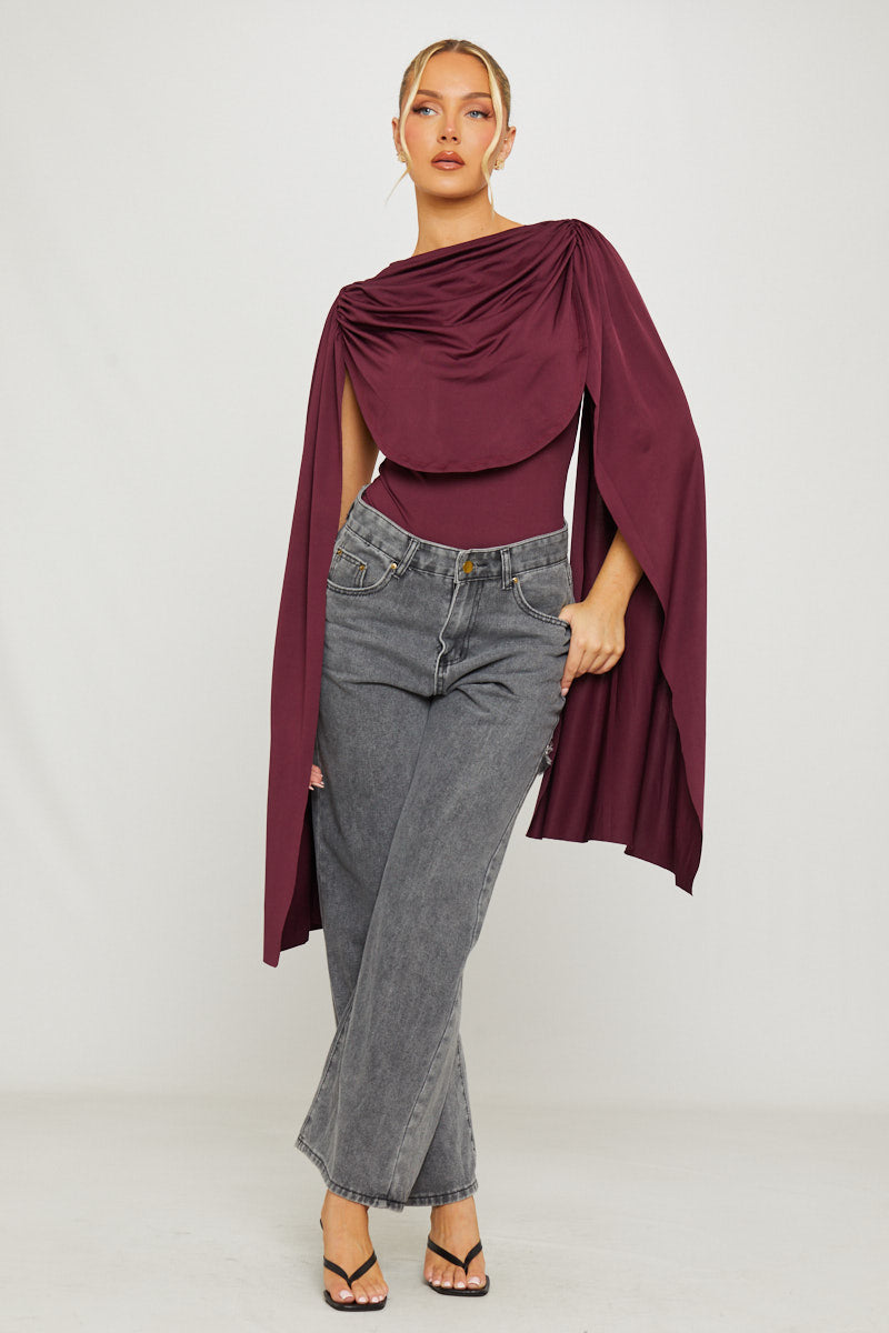 Burgundy Shoulder Draped Ruched Bodysuit