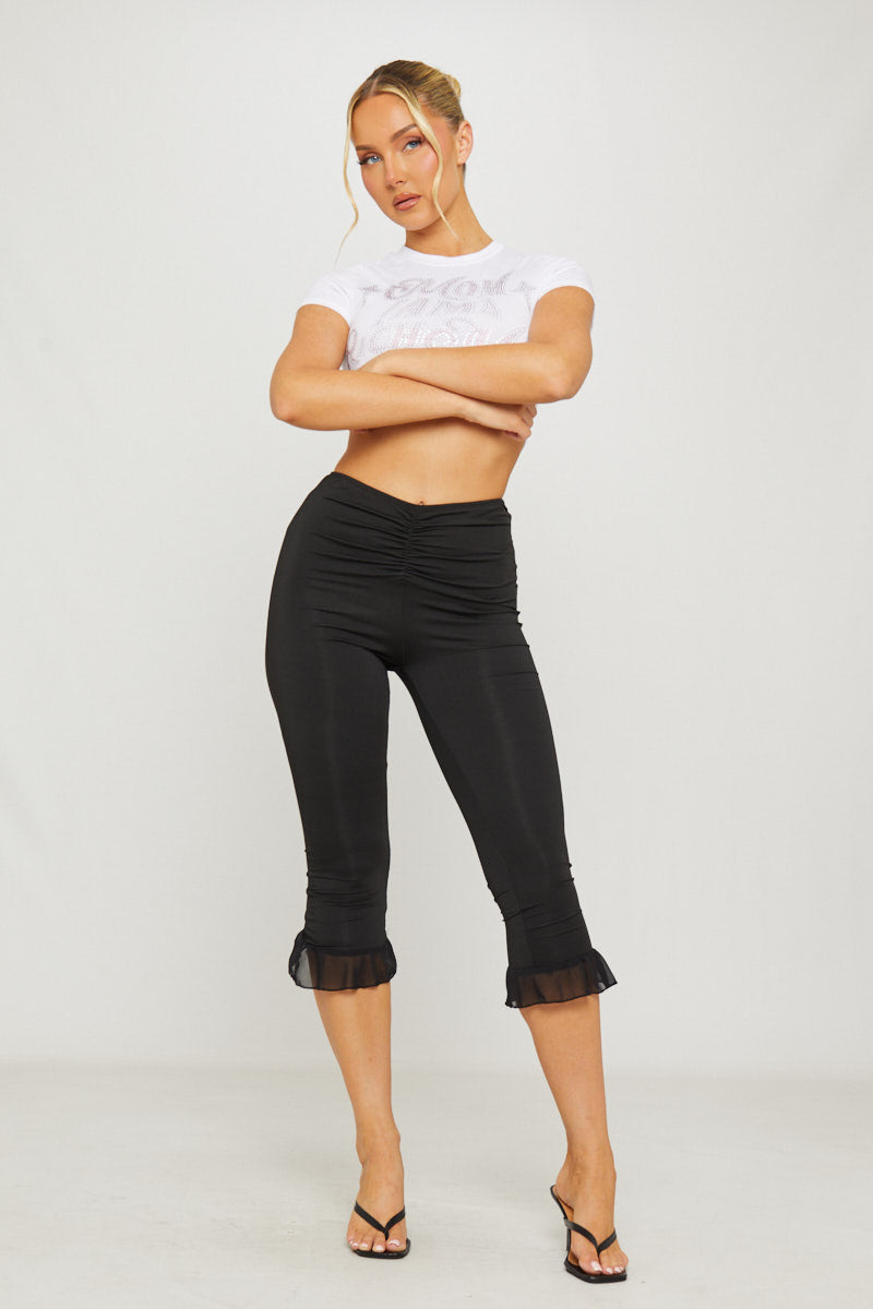 Black Ruched Frill Hem Capri Leggings