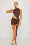 Brown High Neck Ruched Asymmetric Draped Mini Dress