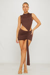 Brown High Neck Ruched Asymmetric Draped Mini Dress