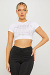 White Slogan Embellished Short Sleeve Crop Top