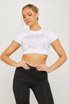 White Slogan Embellished Short Sleeve Crop Top