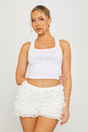 White Ribbed Slogan Embellished Racer Vest Top
