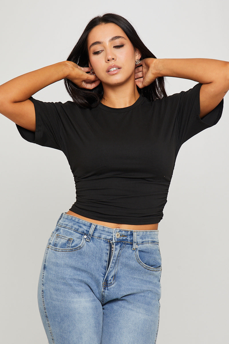 Black Cinched Waist Short Sleeve T-Shirt