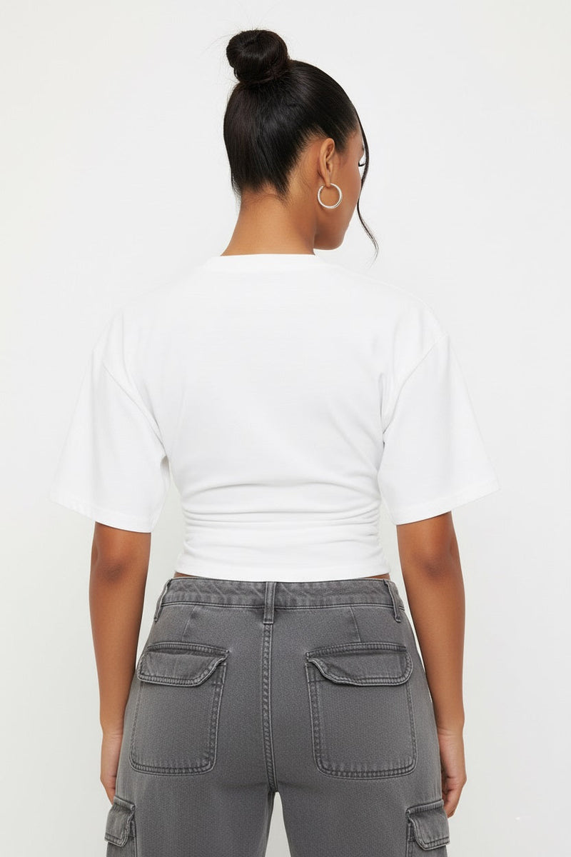 White Cinched Waist Short Sleeve T-Shirt