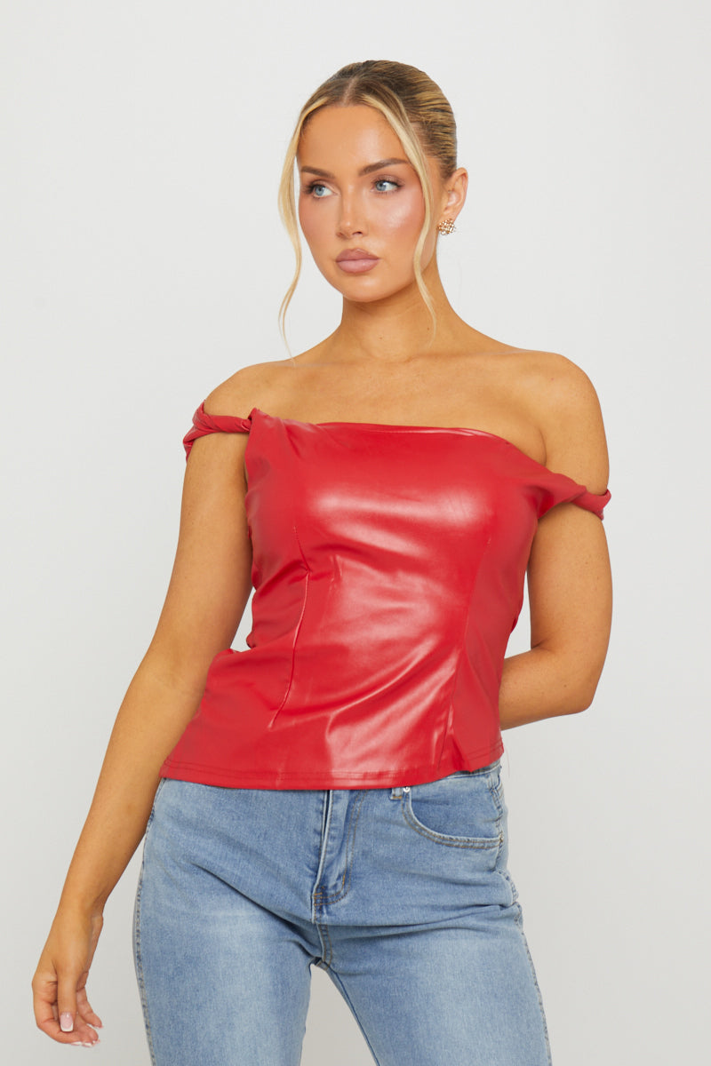 Red Faux Leather One Shoulder Asymmetric Top