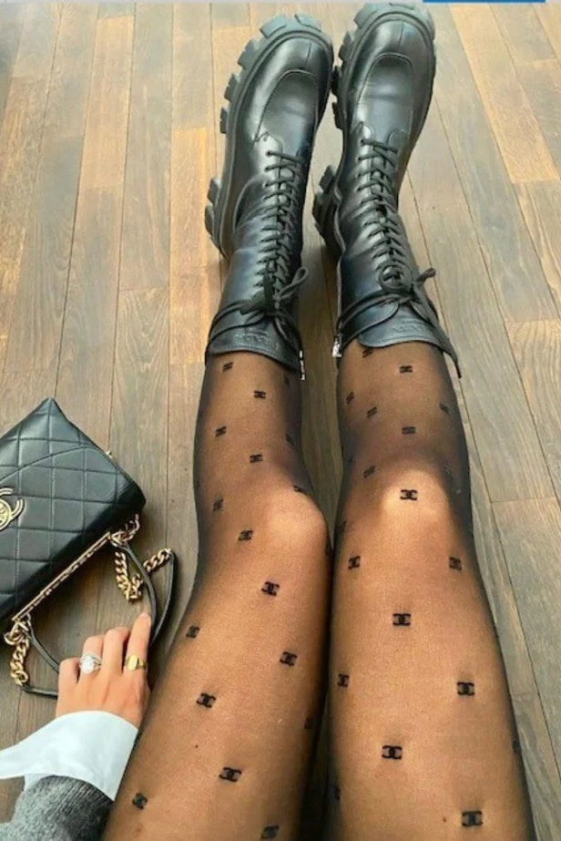 Black Logo Print Detail Tights
