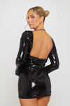 Black Sequin Open Back Long Sleeve Mini Dress