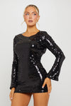 Black Sequin Open Back Long Sleeve Mini Dress