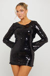 Black Sequin Open Back Long Sleeve Mini Dress