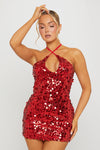 Wine Sequin Halter Neck Open Back Mini Dress