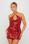 Wine Sequin Halter Neck Open Back Mini Dress