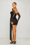 Black Ruched Mesh Double Layered Draped Mini Dress