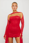 Red Ruched Mesh Double Layered Draped Mini Dress