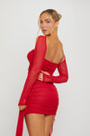 Red Ruched Mesh Double Layered Draped Mini Dress