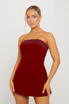 Wine Velvet Fold Over Strapless Mini Dress