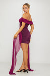 Purple Off Shoulder Ruched Draped Mini Dress