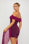 Purple Off Shoulder Ruched Draped Mini Dress