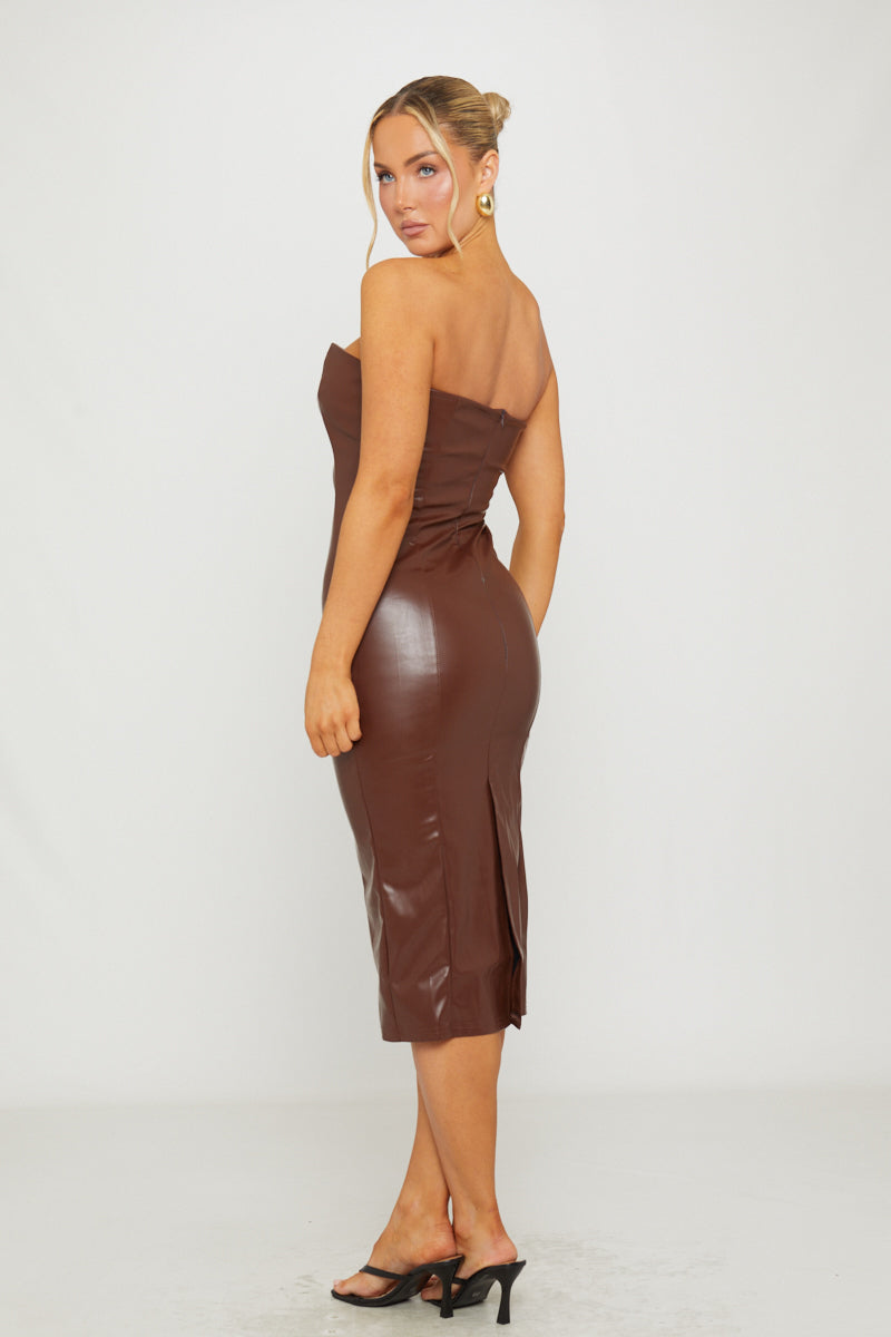 Brown Faux Leather Strapless Bodycon Midi Dress