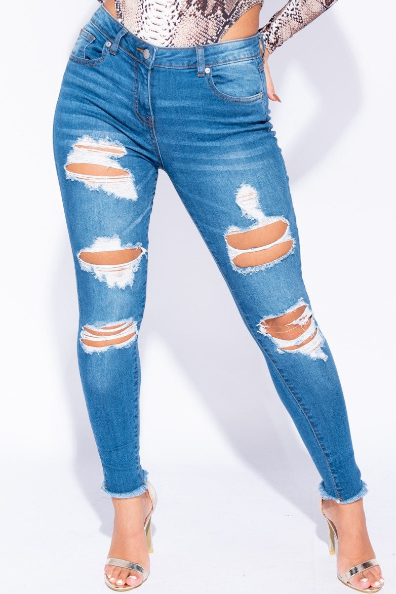 Mid Blue Frayed Hem Ripped Mid Rise Skinny Jeans