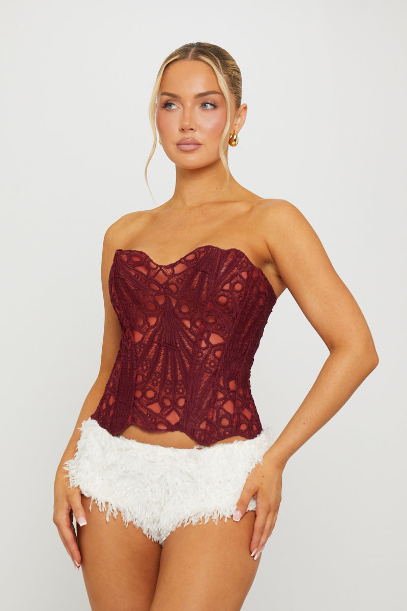 Wine Sheer Structured Strapless Corset Top