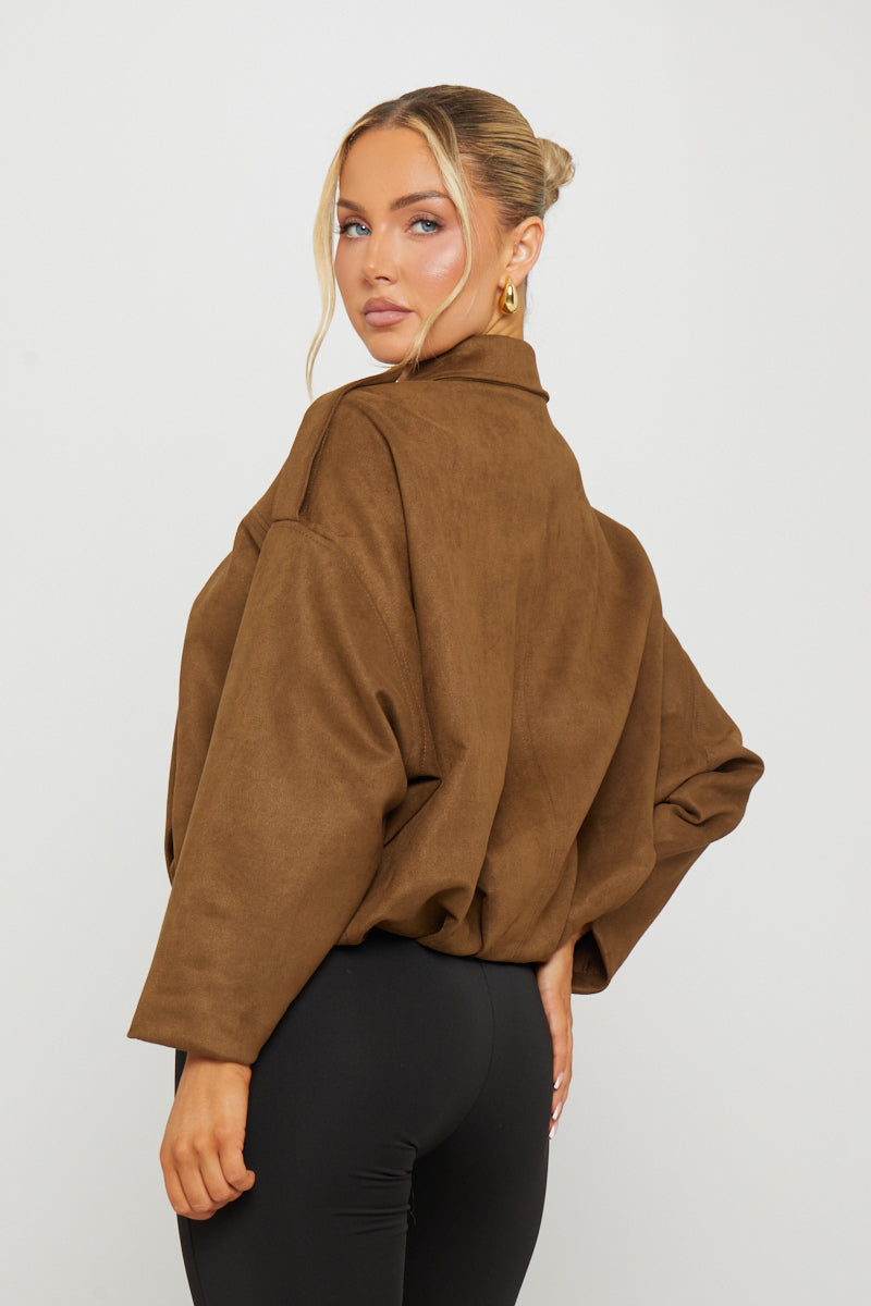 Dark Brown Suede Oversized Bomber Jacket