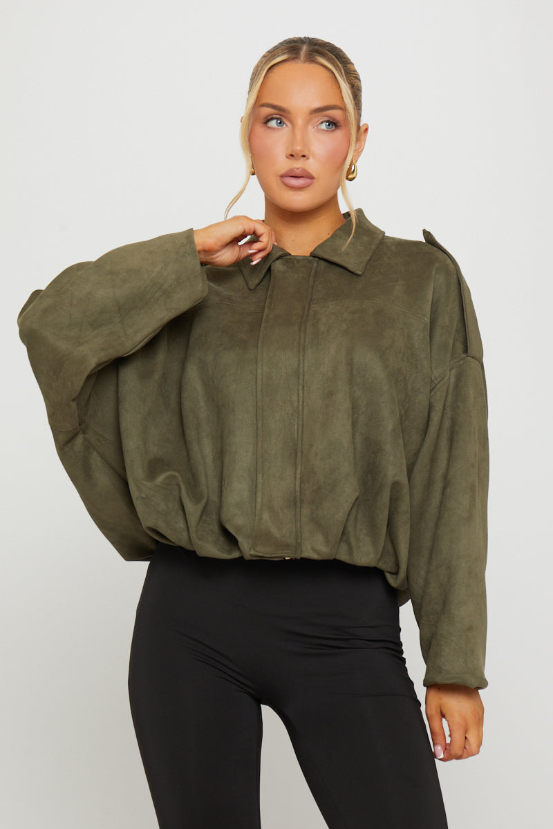 Khaki Suede Oversized Bomber Jacket
