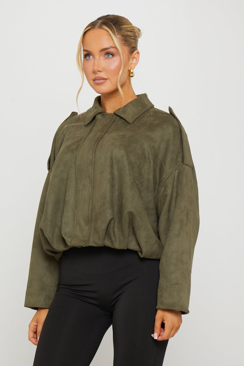 Khaki Suede Oversized Bomber Jacket