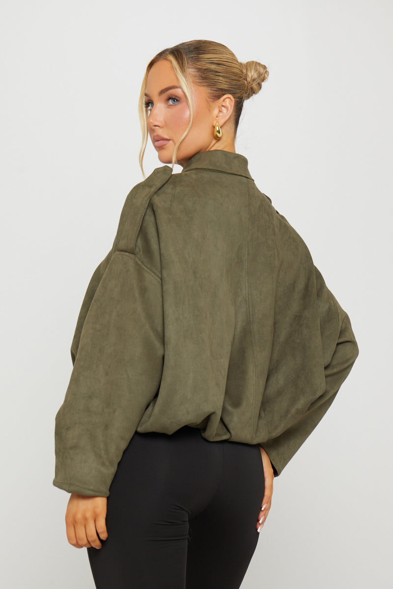 Khaki Suede Oversized Bomber Jacket